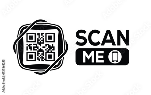 Minimalist black and white QR code icon with 'Scan Me' text on a clean background. Modern design for digital marketing, mobile app, and contactless interaction promotions.