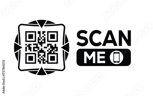 Minimalist black and white QR code icon with 'Scan Me' text on a clean background. Modern design for digital marketing, mobile app, and contactless interaction promotions.