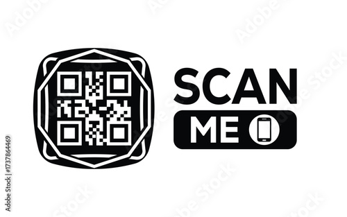 Minimalist black and white QR code icon with 'Scan Me' text on a clean background. Modern design for digital marketing, mobile app, and contactless interaction promotions.