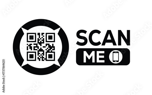 Minimalist black and white QR code icon with 'Scan Me' text on a clean background. Modern design for digital marketing, mobile app, and contactless interaction promotions.