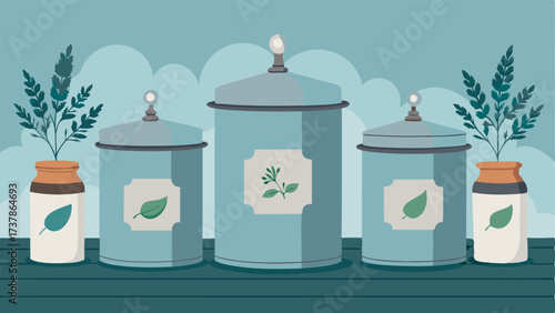 A mix of galvanized metal and ceramic canisters lining the kitchen counter filled with dried herbs and labeled with vintageinspired tags.
