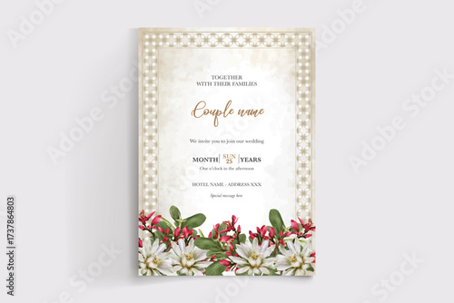 WEDDING INVITATION FRAME WITH FLOWER DECORATIONS AND FRESH LEAVES