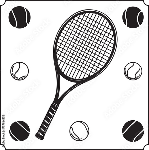 Vintage tennis racket and balls with game set match text