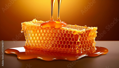 Golden Honey Dripping From A Honeycomb With A Smooth Texture