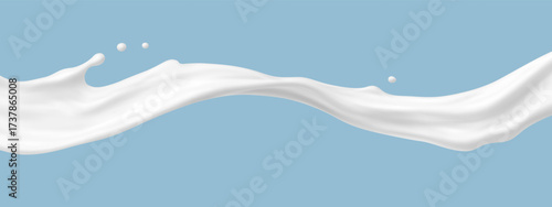 Realistic milk splash wave on blue background. Vector dairy concept