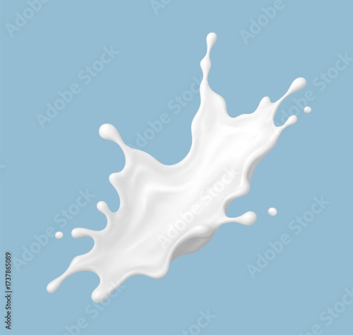 Realistic milk splash on blue background. Vector dairy concept