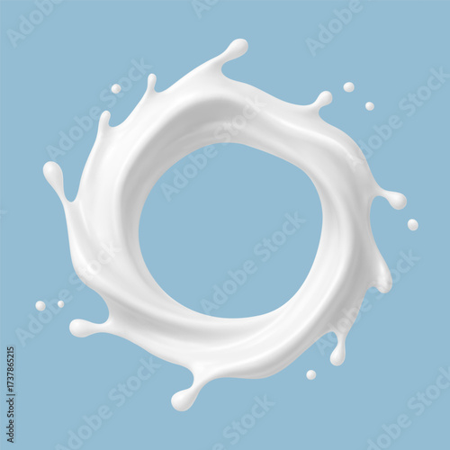 Milk circle splash isolated on blue background. Vector dairy concept