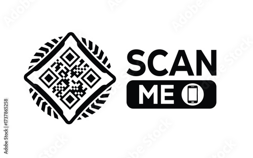 Minimalist black and white QR code icon with 'Scan Me' text on a clean background. Modern design for digital marketing, mobile app, and contactless interaction promotions.