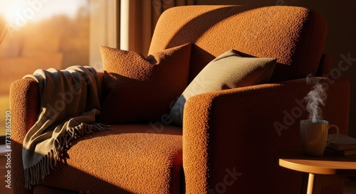 Warm sunlight bathes an inviting armchair, draped with a cozy blanket and adorned with pillows, creating a comfortable and relaxing atmosphere.