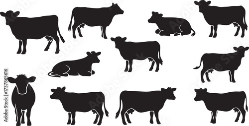 Cow Animal Vector, Farm Animal Silhouette, Livestock Illustration Art, Domestic Animal Design, Agriculture Symbol Vector, Ranch Food Graphic, Dairy Farming Icon, Rural Village Illustration, Cattle Her