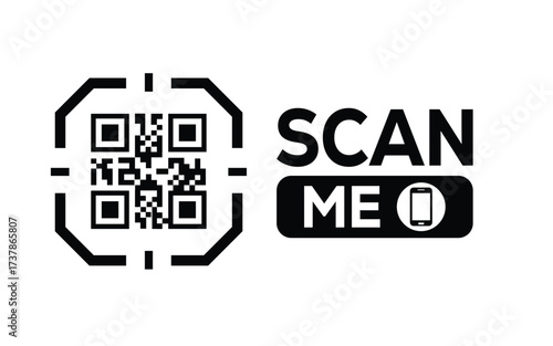Minimalist black and white QR code icon with 'Scan Me' text on a clean background. Modern design for digital marketing, mobile app, and contactless interaction promotions.