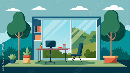 A home office with a large floortoceiling window offering views of a backyard garden.