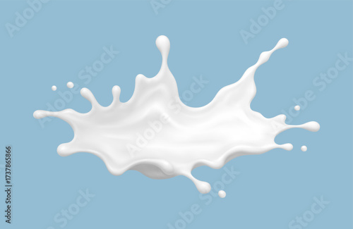 Realistic milk splash on blue background. Vector dairy concept