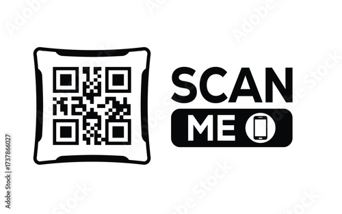 Minimalist black and white QR code icon with 'Scan Me' text on a clean background. Modern design for digital marketing, mobile app, and contactless interaction promotions.