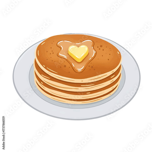 Stack of pancakes with heart butter and syrup, cartoon illustration, brown yellow white, breakfast