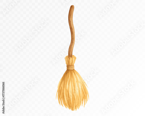 Watercolor Halloween witch broom with wooden handle and straw bristles, spooky mystical accessory illustration, hand painted festive decoration for October holiday design. Vector illustration.