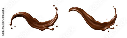 Chocolate splashes with drops. Realistic liquid choco swirls. Vector illustration