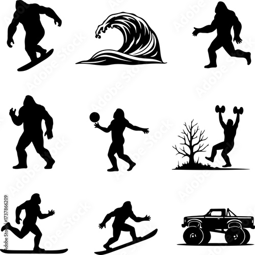Bigfoot (Sasquatch) Doing Extreme Sports Silhouettes Collection