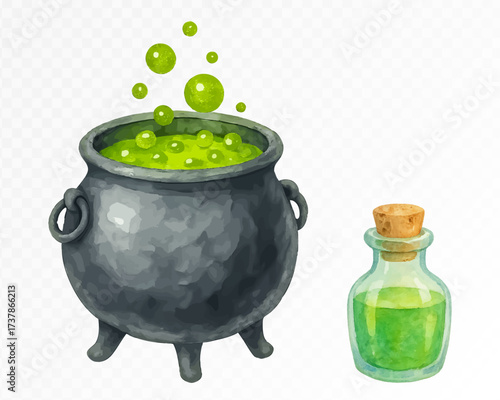 Watercolor Halloween cauldron with bubbling green potion and glass bottle of elixir, spooky witchcraft illustration, hand painted eerie decoration for October holiday design. Vector illustration.