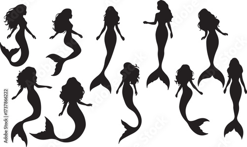 Mermaid Vector Silhouette, Fantasy Sea Illustration, Ocean Mythology Art, Mermaid Woman Design, Underwater Fairy Vector, Magical Ocean Symbol, Beautiful Sea Creature, Artistic Mermaid Pose, Water Fant