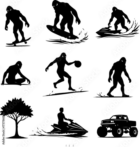 Bigfoot (Sasquatch) Doing Extreme Sports Silhouettes Collection