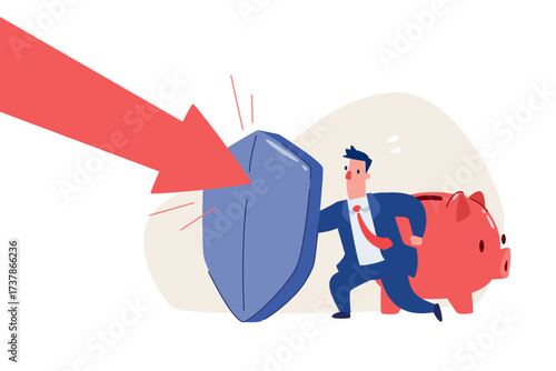 businessman with shield defending piggy bank against falling arrow