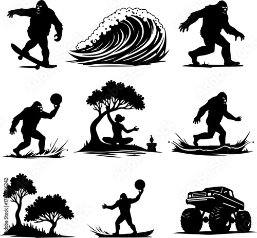 Bigfoot (Sasquatch) Doing Extreme Sports Silhouettes Collection
