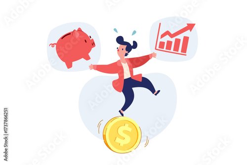businesswoman balancing piggy bank savings and investment chart