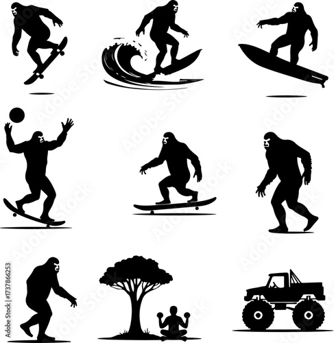 Bigfoot (Sasquatch) Doing Extreme Sports Silhouettes Collection