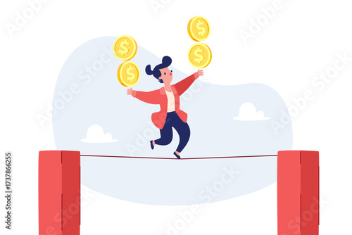 businesswoman balancing golden coins while walking on tightrope