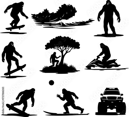 Bigfoot (Sasquatch) Doing Extreme Sports Silhouettes Collection