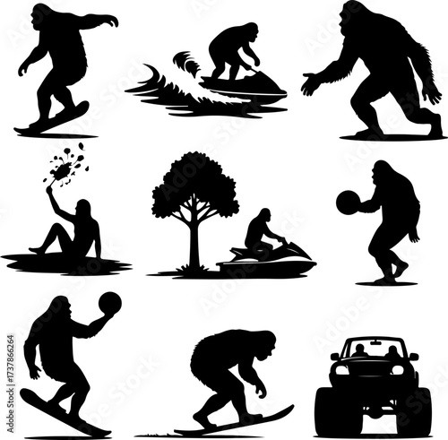 Bigfoot (Sasquatch) Doing Extreme Sports Silhouettes Collection