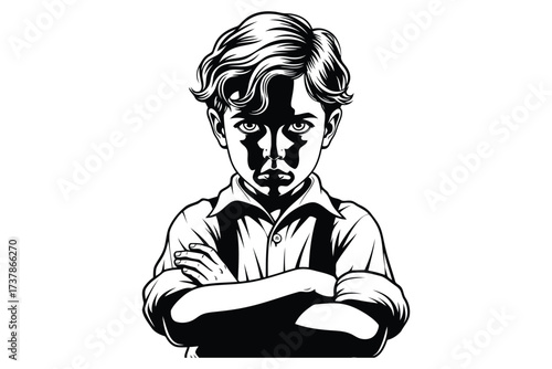 Vector art of highcontrast black and white illustration of a stern young boy with crossed arms, conveying a sense of anger, determination, or defiance