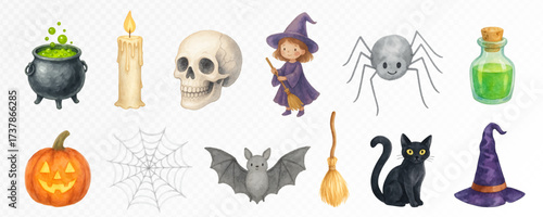 Watercolor Halloween clipart set with cauldron, candle, skull, witch, spider, potion, pumpkin, web, bat, broom, cat and hat, spooky hand painted festive holiday elements. Vector illustration.