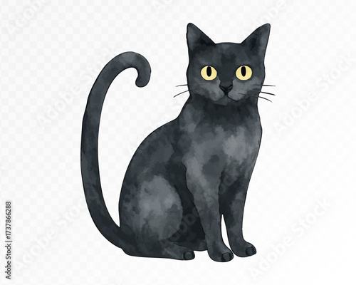 Watercolor Halloween black cat with yellow eyes, spooky mystical pet symbol, hand painted dark feline illustration for creepy October holiday design and witch theme. Vector illustration.