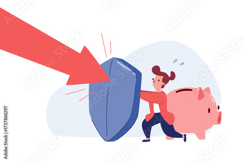 businesswoman with shield defending piggy bank against falling arrow