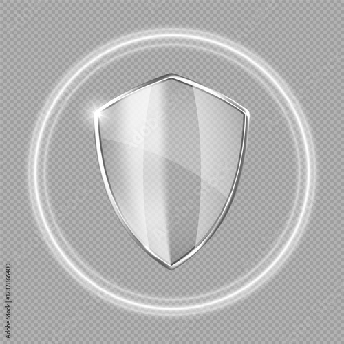 Transparent glass protection shield with glow effect. Safeguard sign. Security concept. Vector illustration