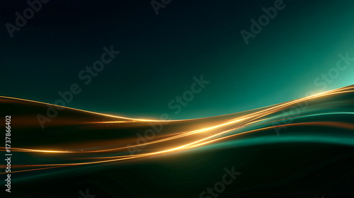 深い緑背景に流れる金色の光の曲線（美容・ラグジュアリー・高級感）