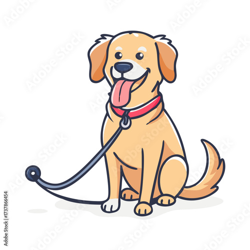 Dog sitting concept with happy active dog holding pet leash in mouth ready to go for walk