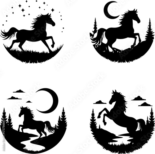 Set of Running and Galloping Horse Silhouettes