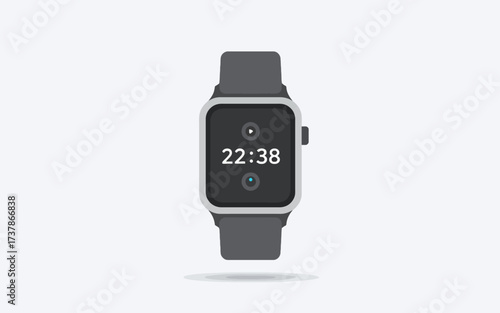 A minimalist flat design illustration of a grey smartwatch displaying the time 22:38 on a dark screen, floating against a light background.