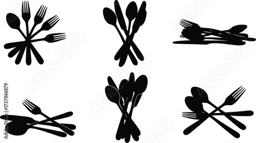 Fork spoon silhouette, kitchen utensil icon, black vector, culinary tool, eating cutlery, crossed design, editable graphic, isolated illustration