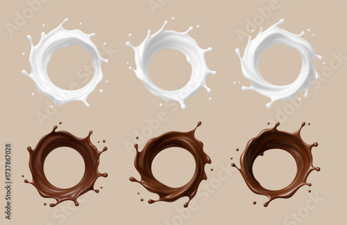 Milk and chocolate splashes. Milkshake and melted brown choco. Realistic vector illustration