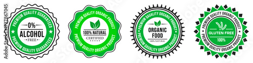 Eco-friendly product seals, organic, natural, gluten-free certification stamps.