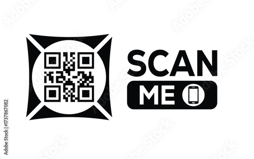 Minimalist black and white QR code icon with 'Scan Me' text on a clean background. Modern design for digital marketing, mobile app, and contactless interaction promotions.	