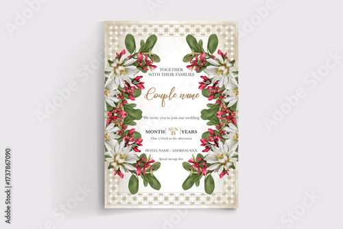 WEDDING INVITATION FRAME WITH FLOWER DECORATIONS AND FRESH LEAVES