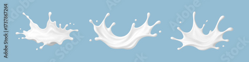 Realistic milk splashes on blue background. Vector dairy concept