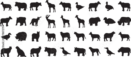 farm animal silhouettes, livestock vector art, black animal clipart, cow horse sheep goat, domestic animals svg, countryside animal outline, wildlife shape design, rural animal icons, farm fields crea