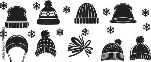 winter hat silhouette, gloves clipart vector, black winter accessories, cold season clothing art, cozy hat design svg, warm glove illustration, fashionable winter items, minimal hat artwork, silhouett