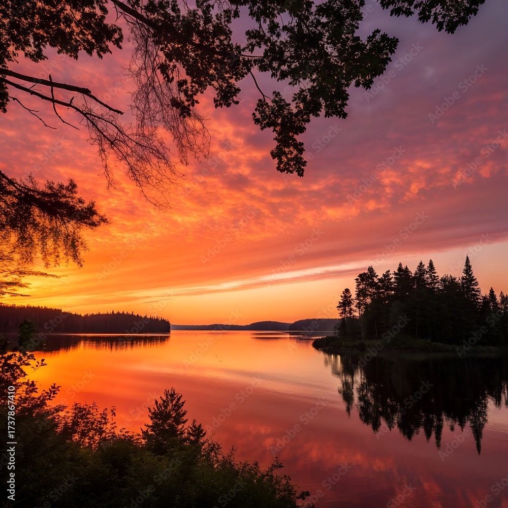 Obraz premium A serene lake at sunset with vibrant orange and purple skies. Trees line the shore, reflecting in the calm water. A peaceful natural landscape.